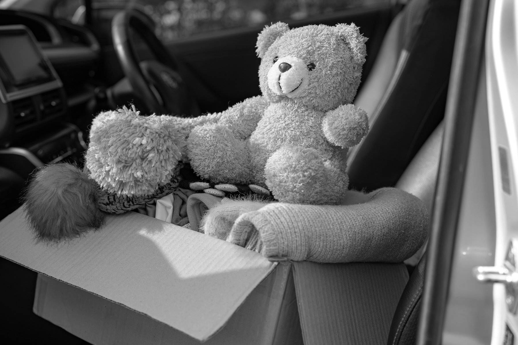 a black and white photo of a teddy bear and a box of clothes