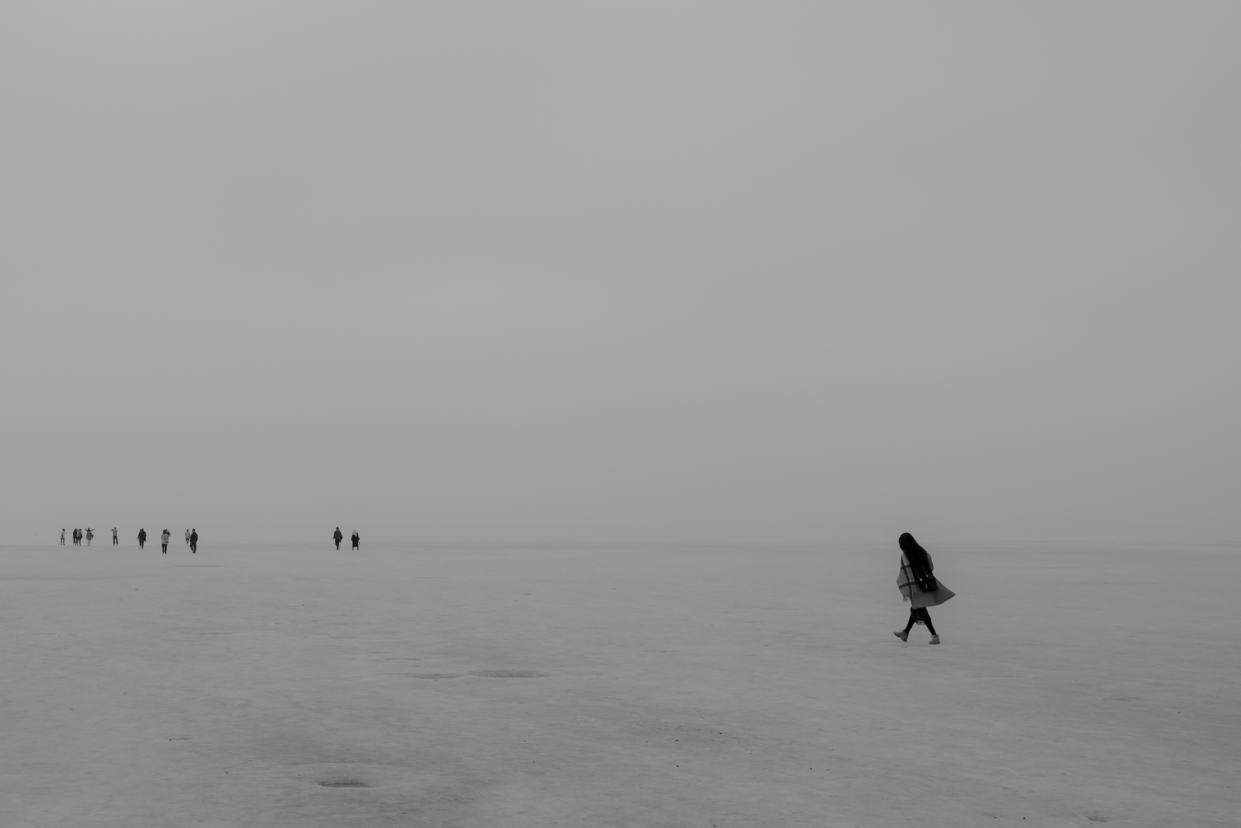 a black and white photo of people walking in the desert